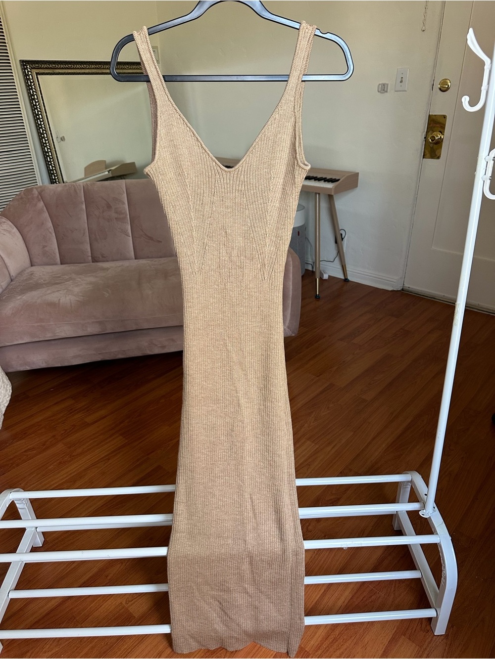 Sleeveless Ribbed Maxi Dress in Beige